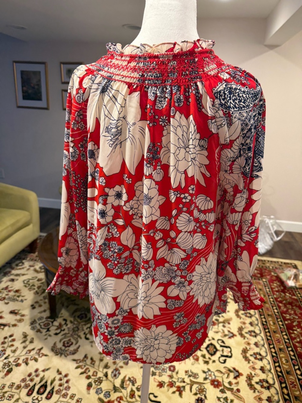 Talbots Red Floral Smocked Neck Tunic - Picture 5 of 7